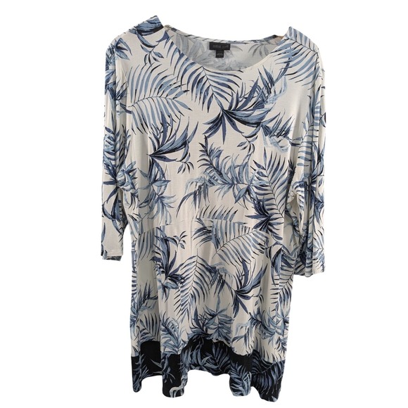 J. Jill Tops - J. Jill Womens Tropical Empire Waist Tunic L White/Blue 3/4 Sleeve Comfy Stretch